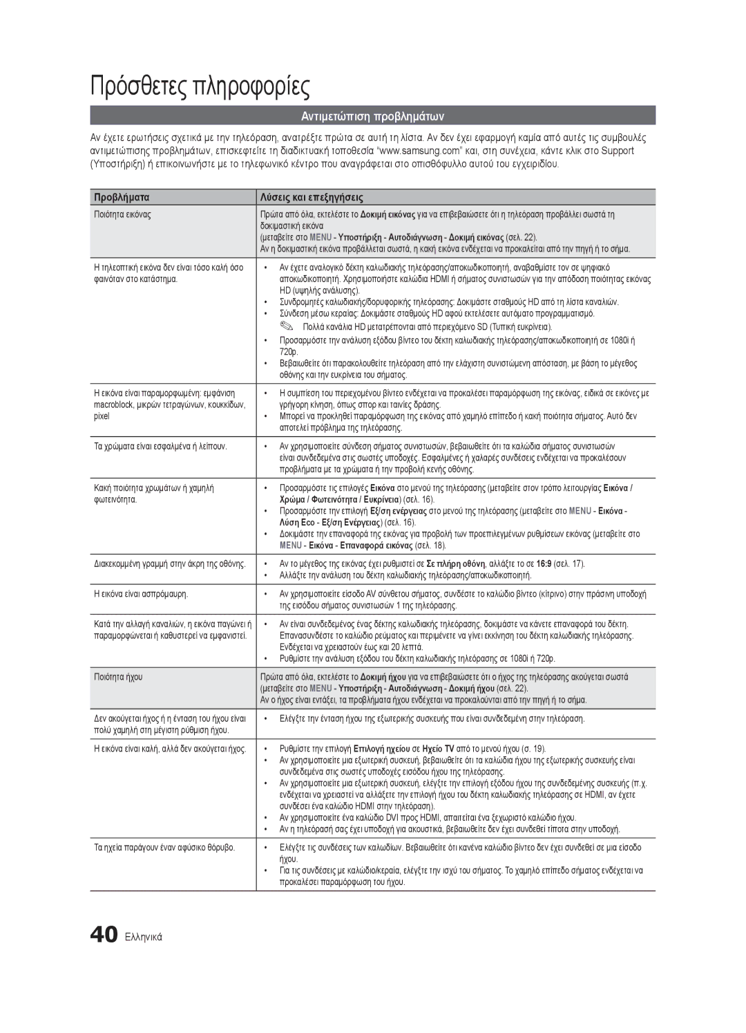 Samsung UE32C4000PWXZF, UE32C4000PWXXH manual Αντιμετώπιση προβλημάτων, Προβλήματα Λύσεις και επεξηγήσεις, 40 Ελληνικά 