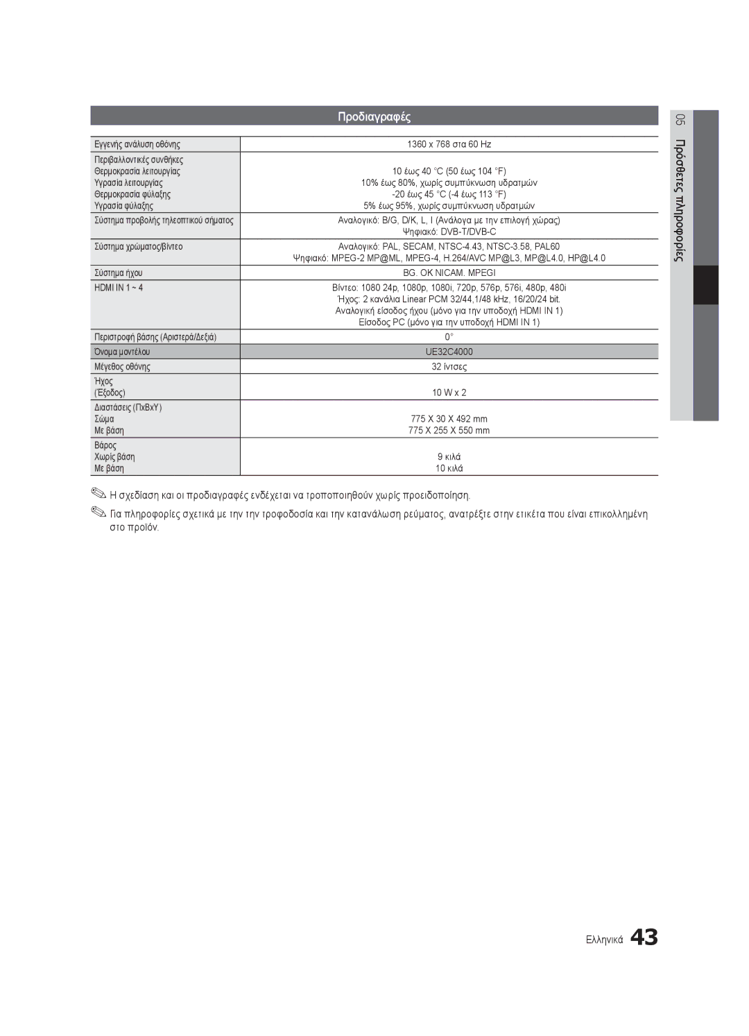 Samsung UE32C4000PWXXU, UE32C4000PWXXH, UE32C4000PWXXN, UE32C4000PWXZG, UE32C4000PWXXC, UE32C4000PWXZF manual Προδιαγραφές 