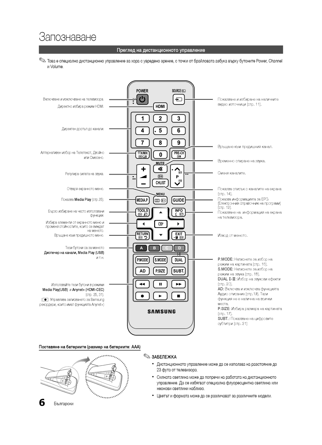 Samsung UE32C4000PWXZT manual Преглед на дистанционното управление, Поставяне на батериите размер на батериите AAA, Стр 