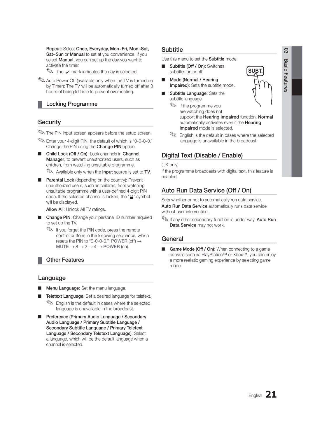 Samsung UE32C4000PWXBT manual Security, Language, Subtitle, Digital Text Disable / Enable, Auto Run Data Service Off / On 