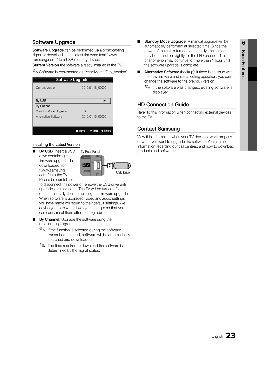 Samsung UE32C4000PWXXU, UE32C4000PWXXH, UE32C4000PWXXN manual Software Upgrade, HD Connection Guide, Contact Samsung 