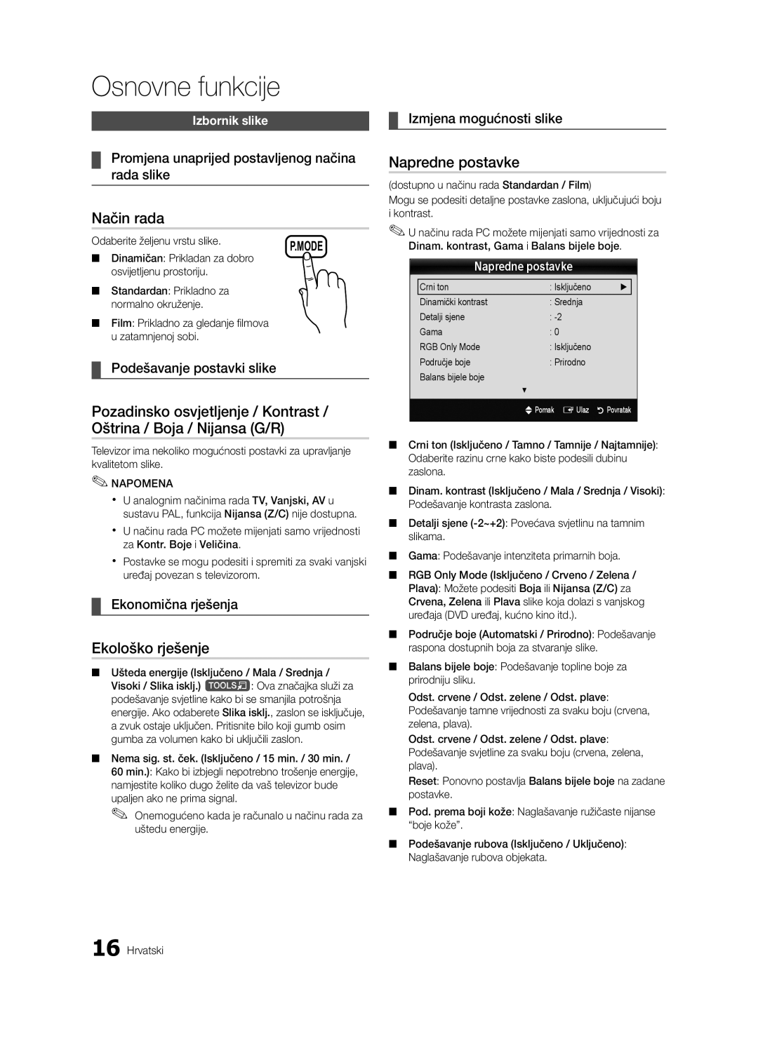 Samsung UE32C4000PWXZF, UE32C4000PWXXH, UE32C4000PWXXN, UE32C4000PWXZG manual Način rada, Ekološko rješenje, Napredne postavke 