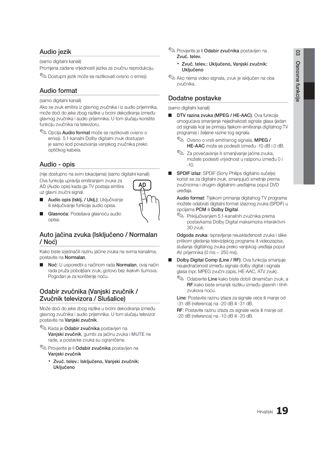 Samsung UE32C4000PWXXU manual Audio jezik, Audio opis, Auto jačina zvuka Isključeno / Normalan / Noć, Dodatne postavke 