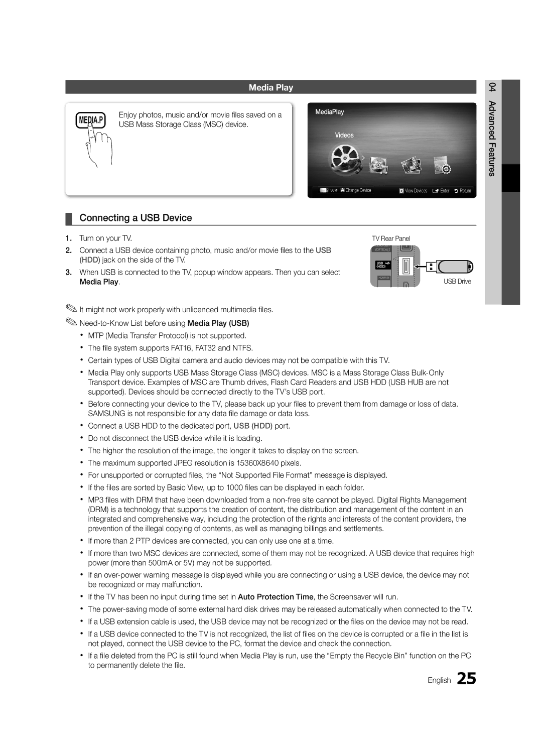 Samsung UE32C4000PWXXN manual Connecting a USB Device, Media Play, USB Mass Storage Class MSC device, Advanced Features 