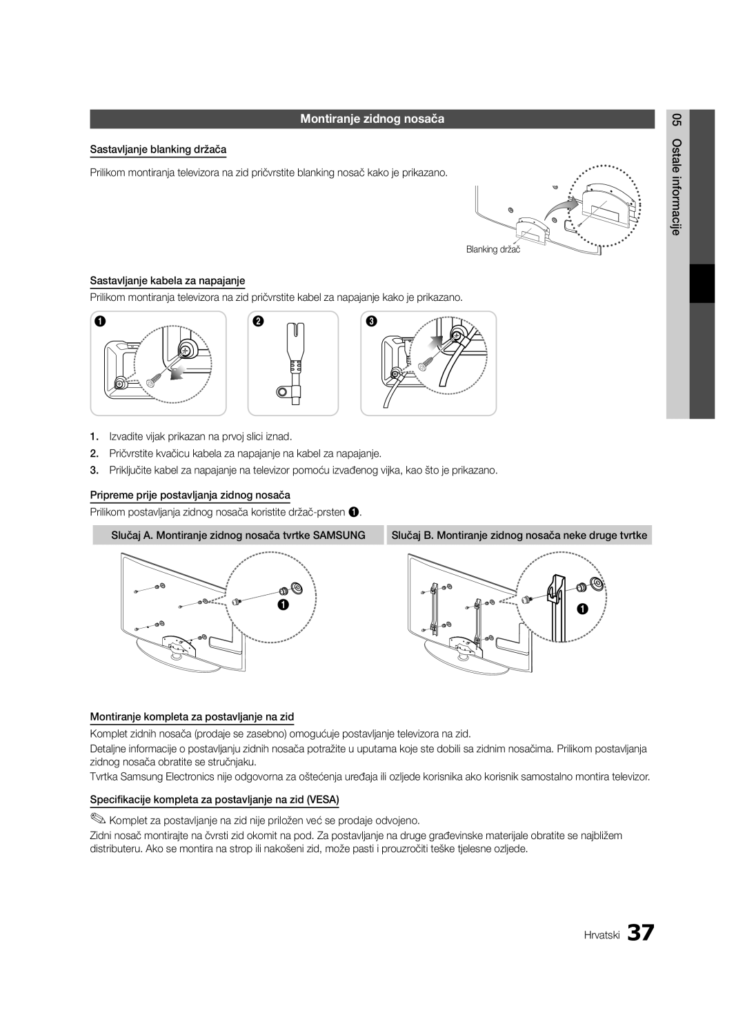 Samsung UE32C4000PWXXN, UE32C4000PWXXH, UE32C4000PWXZG, UE32C4000PWXXC, UE32C4000PWXZF manual Montiranje zidnog nosača 