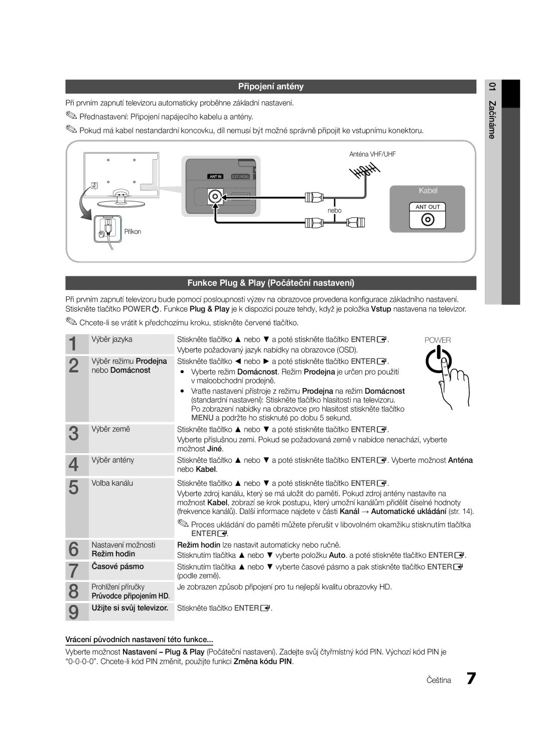 Samsung UE32C4000PWXXU, UE32C4000PWXXH, UE32C4000PWXXN manual Připojení antény, Funkce Plug & Play Počáteční nastavení 