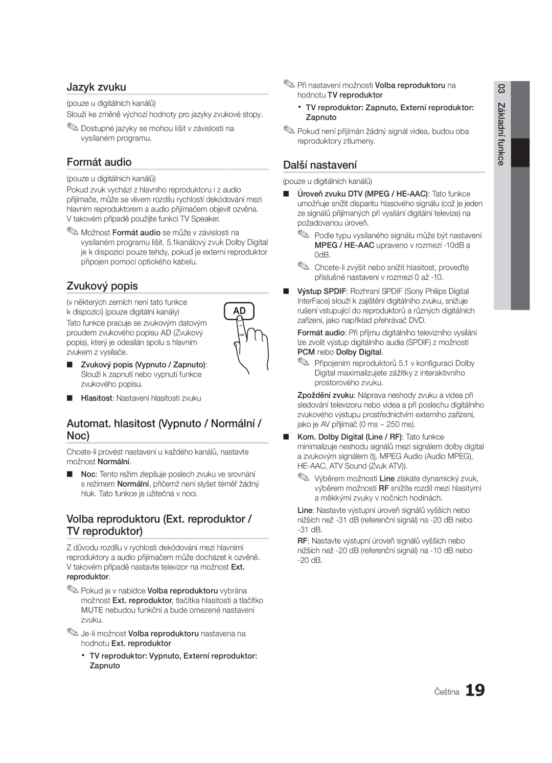 Samsung UE32C4000PWXXC manual Jazyk zvuku, Formát audio, Zvukový popis, Automat. hlasitost Vypnuto / Normální / Noc 