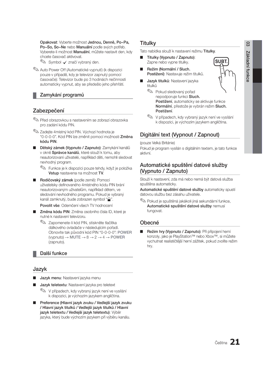 Samsung UE32C4000PWXBT, UE32C4000PWXXH manual Zabezpečení, Titulky, Digitální text Vypnout / Zapnout, Obecné, Jazyk 