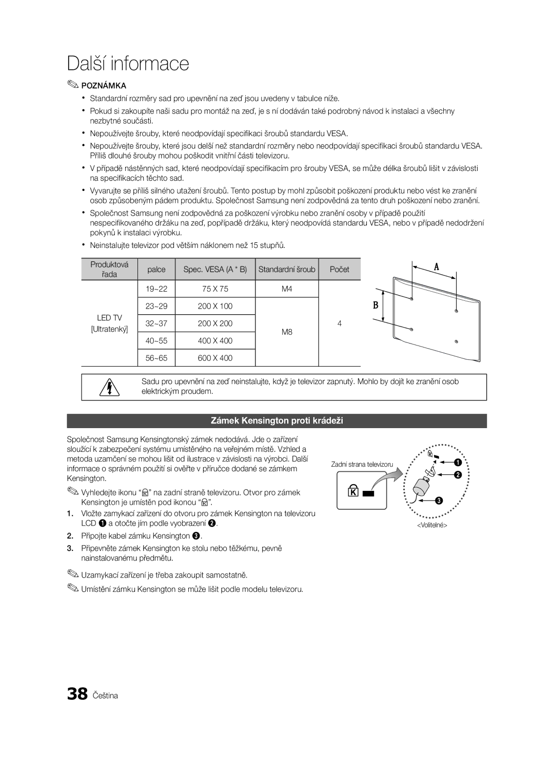 Samsung UE32C4000PWXZT manual Zámek Kensington proti krádeži, Počet, Standardní šroub, Řada, Zadní strana televizoru 