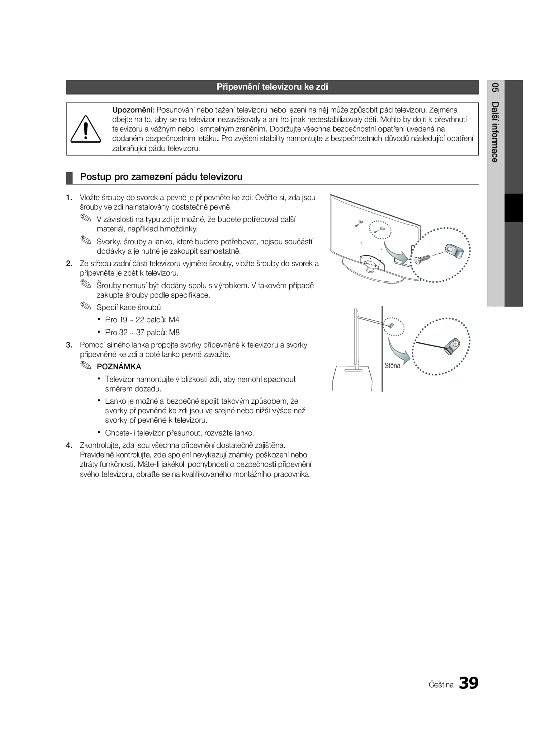 Samsung UE32C4000PWXXU manual Postup pro zamezení pádu televizoru, Připevnění televizoru ke zdi, 05informaceDalší Čeština 