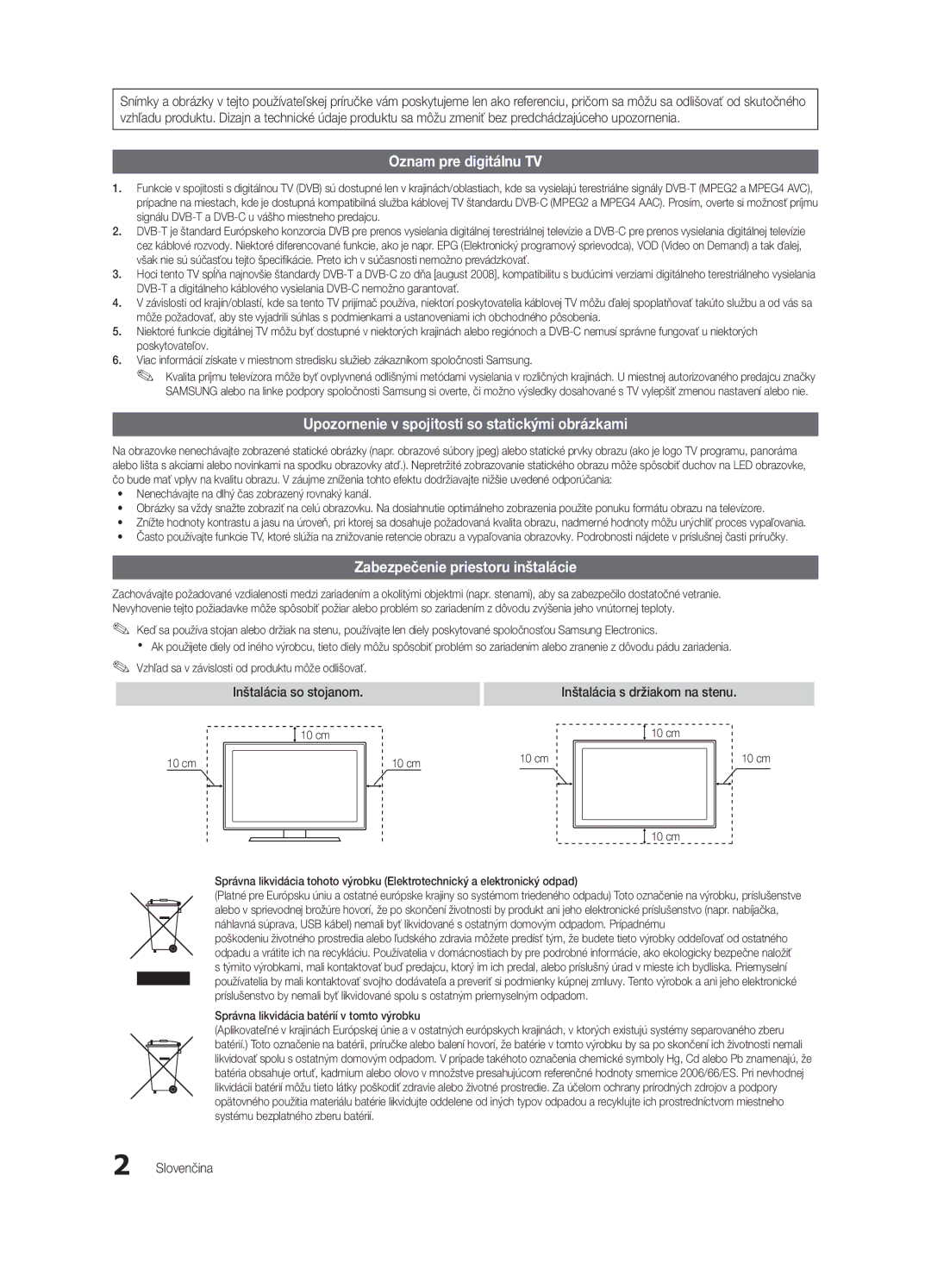 Samsung UE32C4000PWXZT manual Inštalácia s držiakom na stenu, Slovenčina, Správna likvidácia batérií v tomto výrobku 