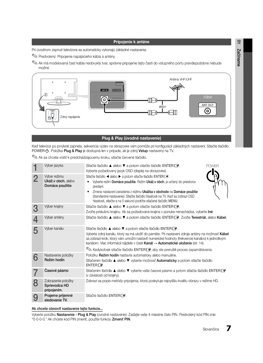 Samsung UE32C4000PWXXC, UE32C4000PWXXH, UE32C4000PWXXN, UE32C4000PWXZG Pripojenie k anténe, Plug & Play úvodné nastavenie 