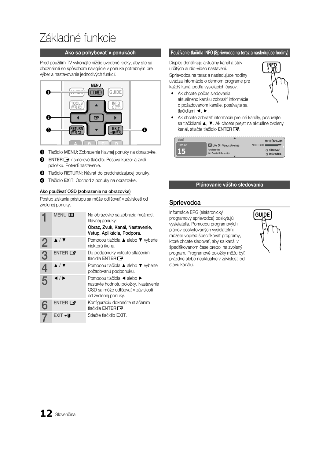 Samsung UE32C4000PWXXH, UE32C4000PWXXN, UE32C4000PWXZG manual Základné funkcie, Sprievodca, Plánovanie vášho sledovania 