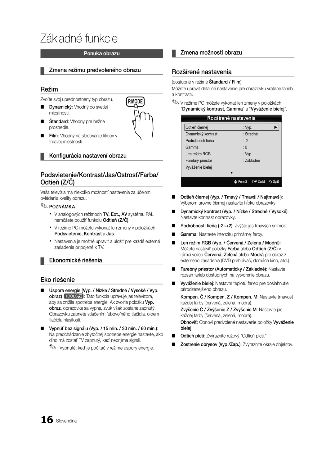 Samsung UE32C4000PWXZF manual Eko riešenie, Rozšírené nastavenia, Zmena režimu predvoleného obrazu, Ekonomické riešenia 