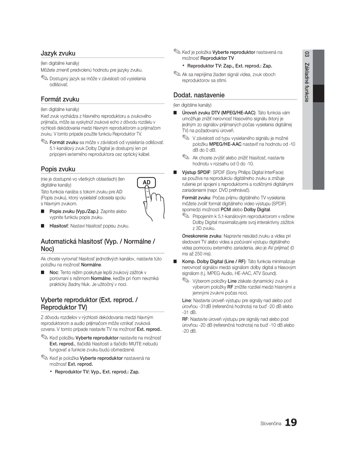 Samsung UE32C4000PWXXU manual Formát zvuku, Popis zvuku, Automatická hlasitosť Vyp. / Normálne / Noc, Dodat. nastavenie 