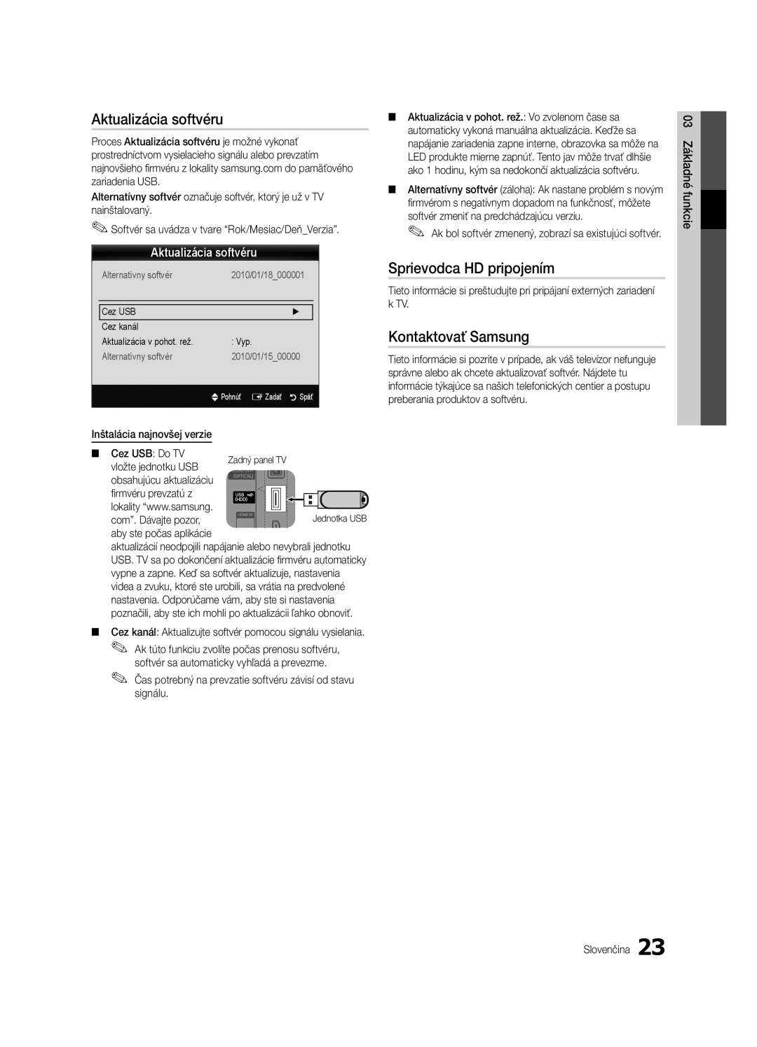 Samsung UE32C4000PWXXC, UE32C4000PWXXH, UE32C4000PWXXN Aktualizácia softvéru, Sprievodca HD pripojením, Kontaktovať Samsung 