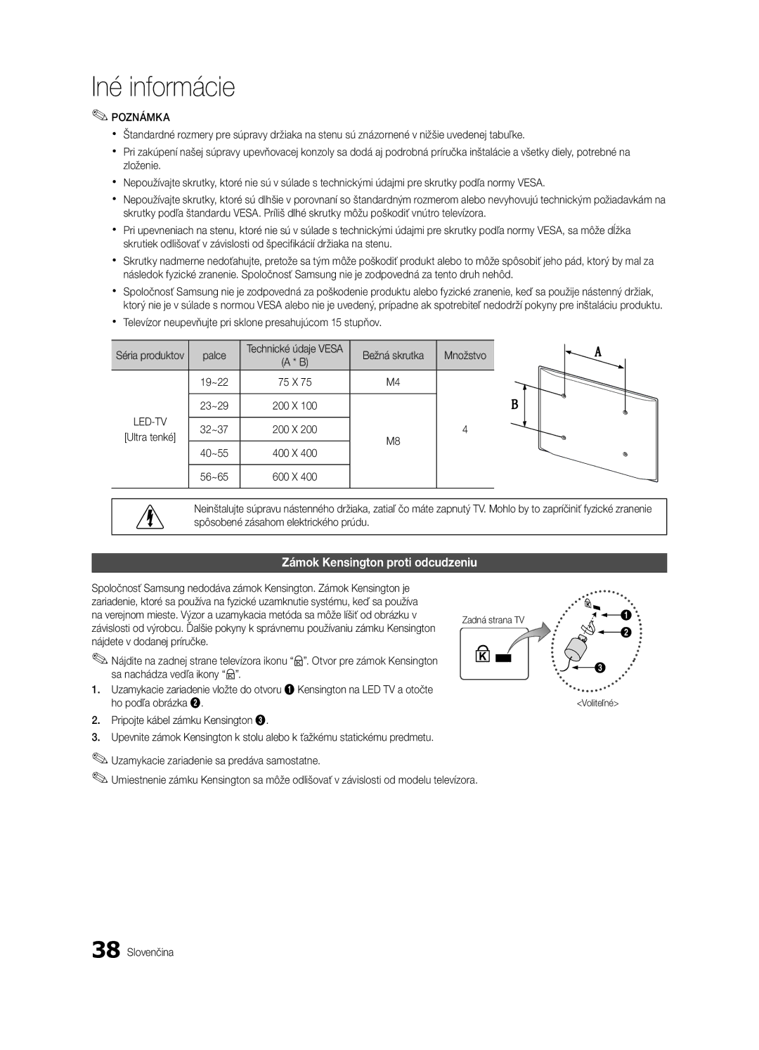 Samsung UE32C4000PWXZG Zámok Kensington proti odcudzeniu, Xx Televízor neupevňujte pri sklone presahujúcom 15 stupňov 