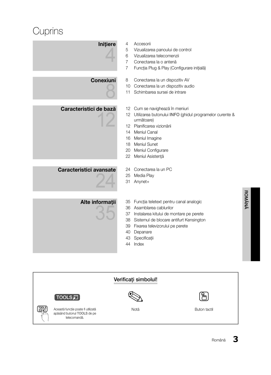 Samsung UE32C4000PWXXC, UE32C4000PWXXH, UE32C4000PWXXN, UE32C4000PWXZG manual Cuprins, Verificaţi simbolul, Notă, Buton tactil 