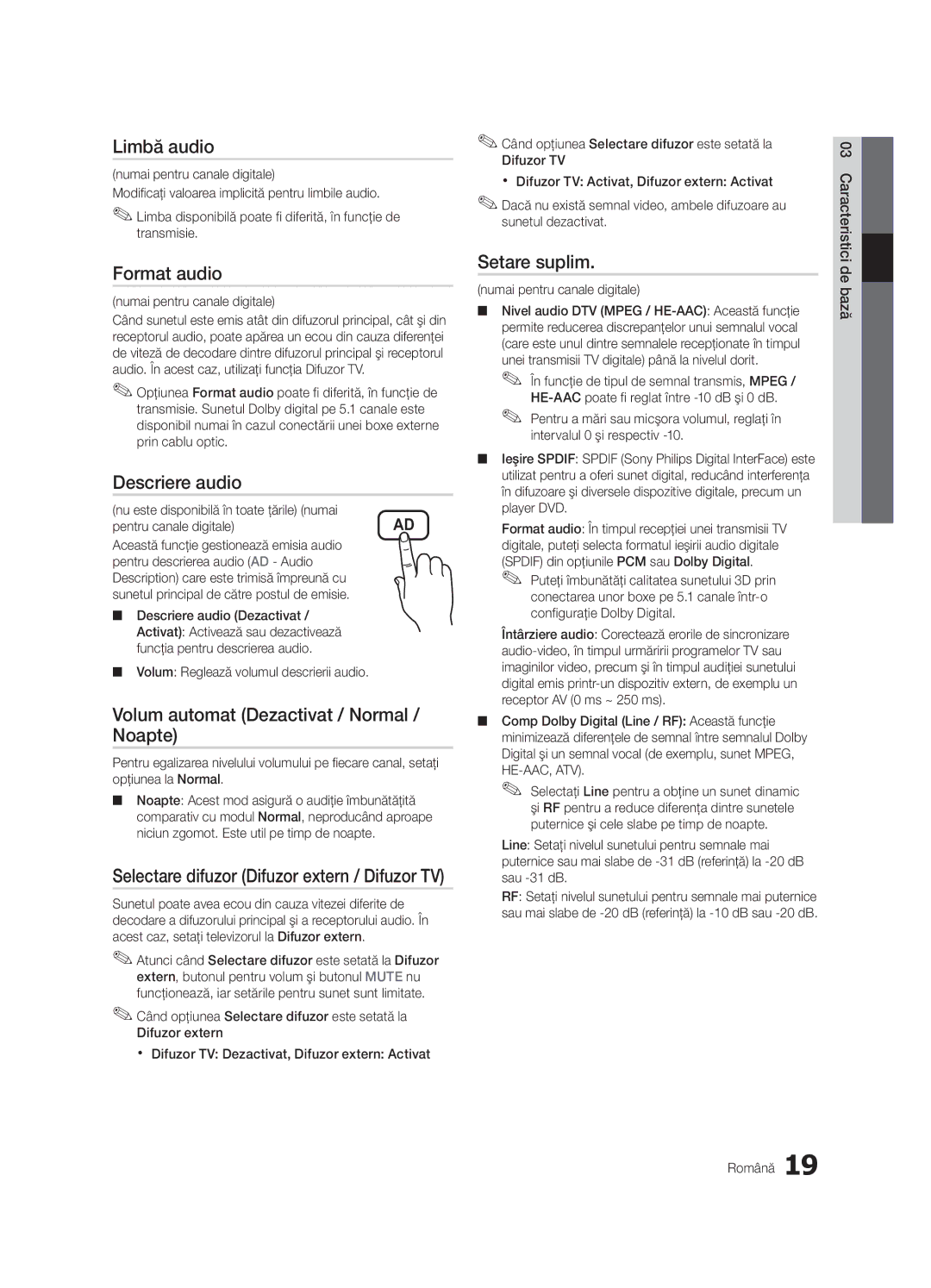 Samsung UE32C4000PWXXC manual Limbă audio, Format audio, Descriere audio, Volum automat Dezactivat / Normal / Noapte 