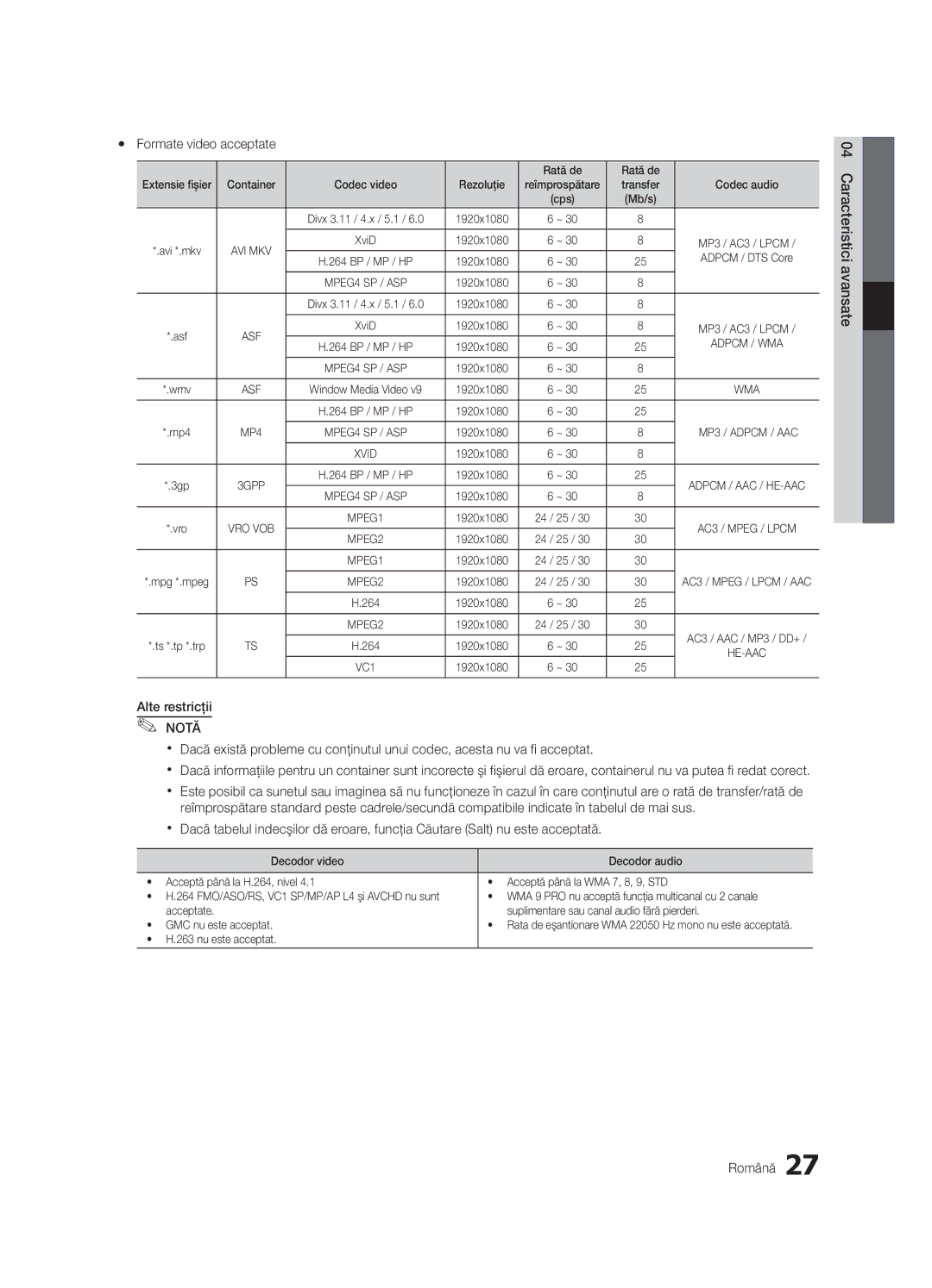 Samsung UE32C4000PWXXC manual Yy Formate video acceptate, Avansate04 Caracteristici Română, Rată de, Nu este acceptat 