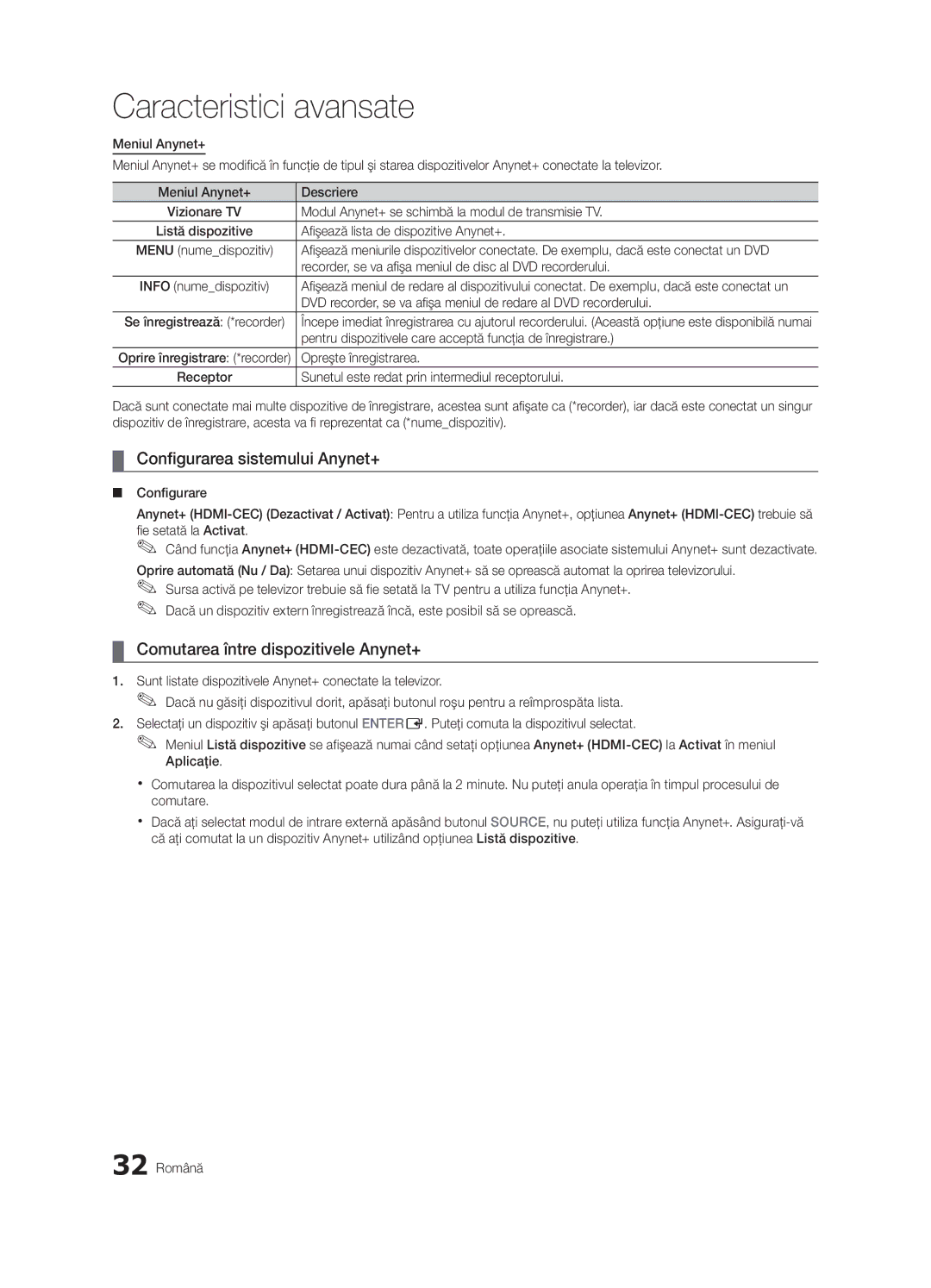 Samsung UE32C4000PWXXH, UE32C4000PWXXN manual Configurarea sistemului Anynet+, Comutarea între dispozitivele Anynet+ 