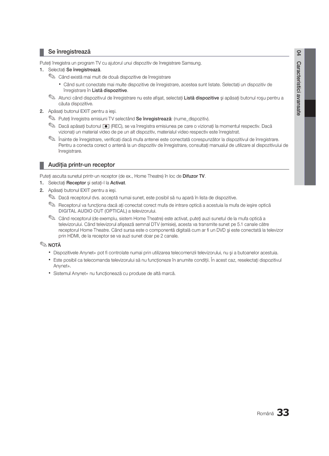 Samsung UE32C4000PWXXN, UE32C4000PWXXH, UE32C4000PWXZG, UE32C4000PWXXC manual Se înregistrează, Audiţia printr-un receptor 