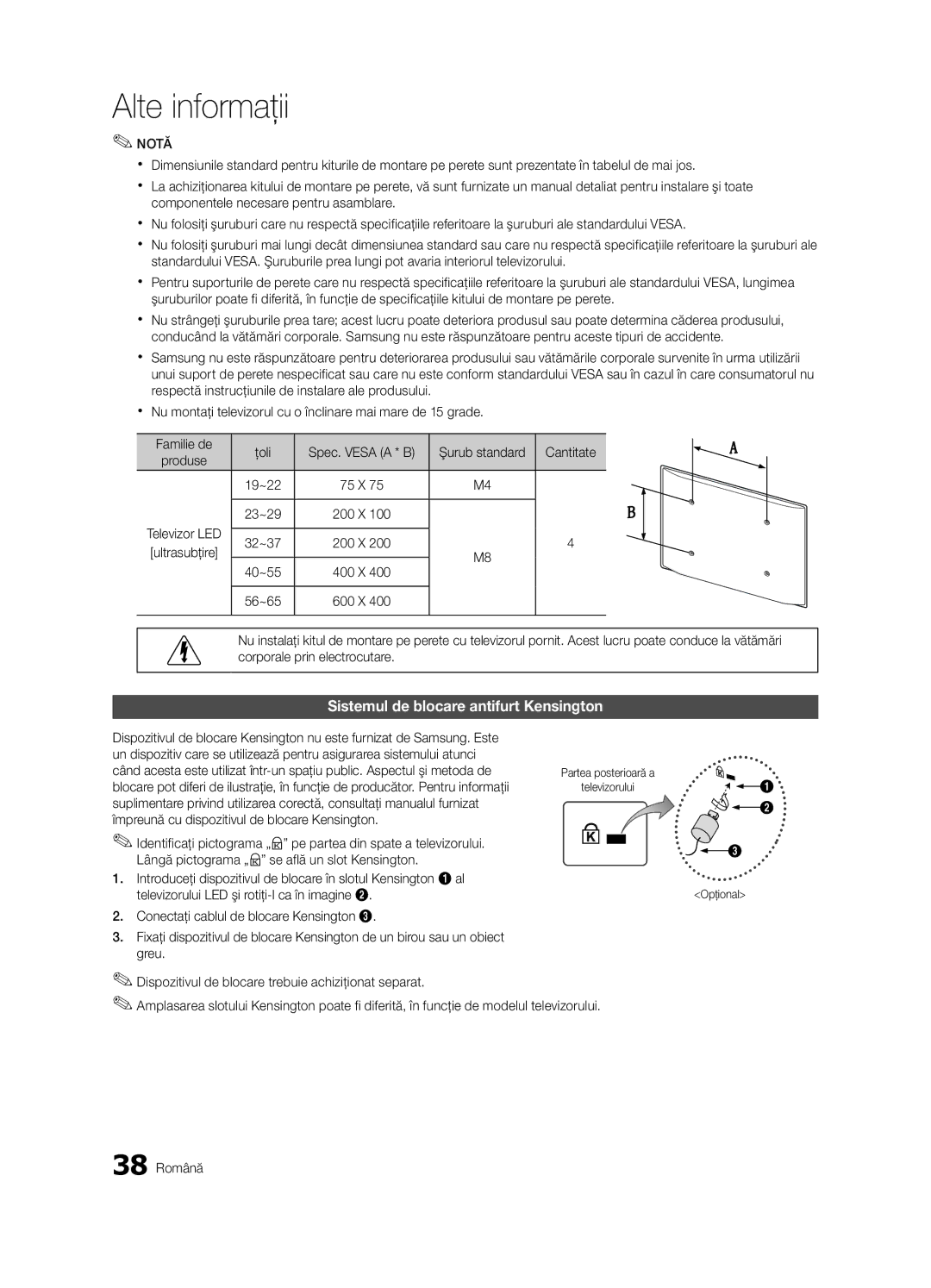 Samsung UE32C4000PWXZT manual Sistemul de blocare antifurt Kensington, Şurub standard Cantitate, Produse, Televizorului 