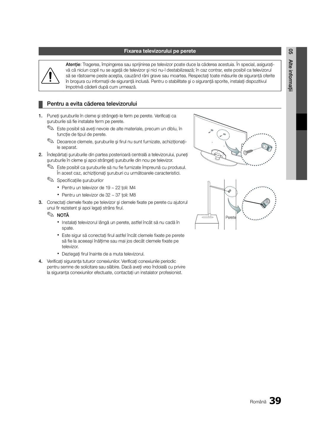 Samsung UE32C4000PWXXU, UE32C4000PWXXH manual Pentru a evita căderea televizorului, Fixarea televizorului pe perete 