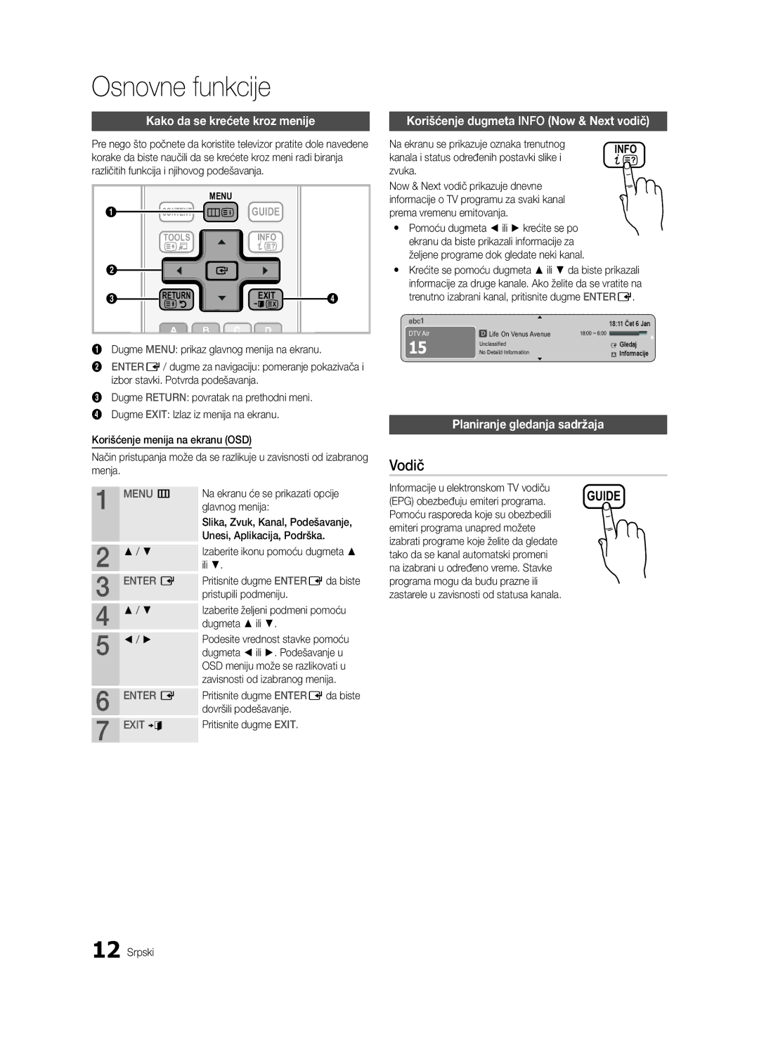 Samsung UE32C4000PWXXH, UE32C4000PWXXN manual Kako da se krećete kroz menije, Korišćenje dugmeta Info Now & Next vodič 