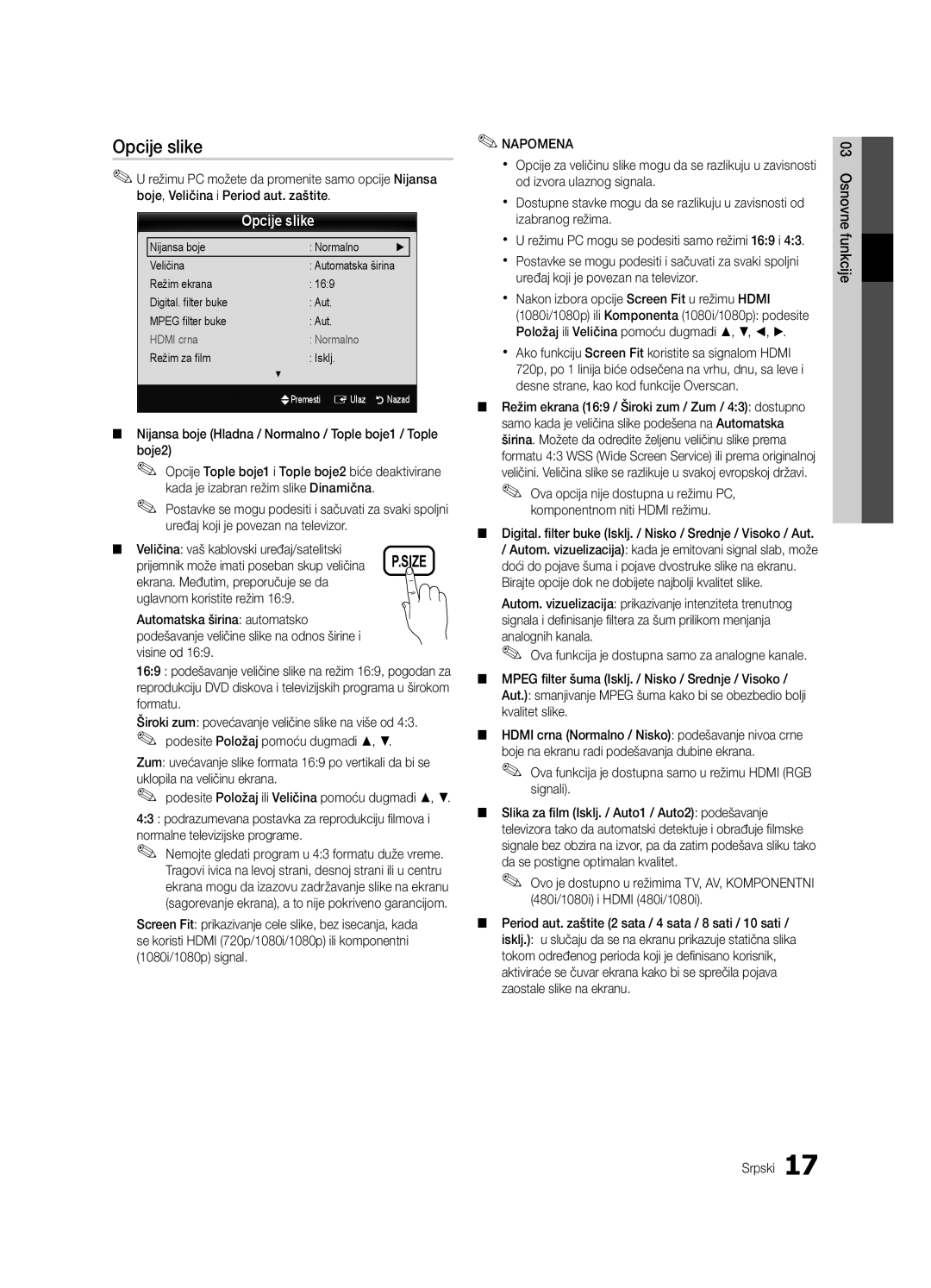 Samsung UE32C4000PWXBT, UE32C4000PWXXH manual Opcije slike, Nijansa boje Hladna / Normalno / Tople boje1 / Tople boje2 