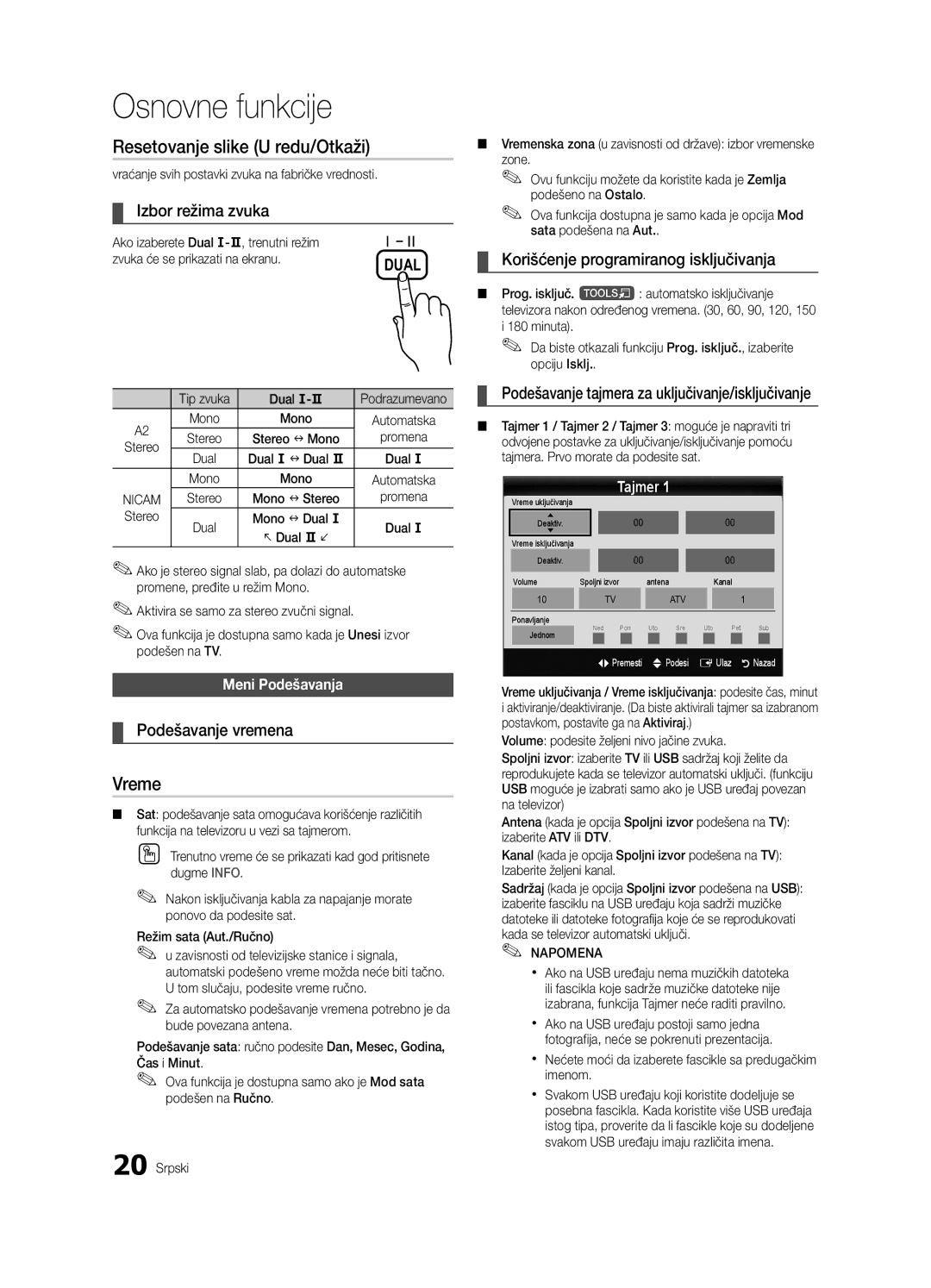 Samsung UE32C4000PWXXH manual Vreme, Izbor režima zvuka, Podešavanje vremena, Korišćenje programiranog isključivanja 