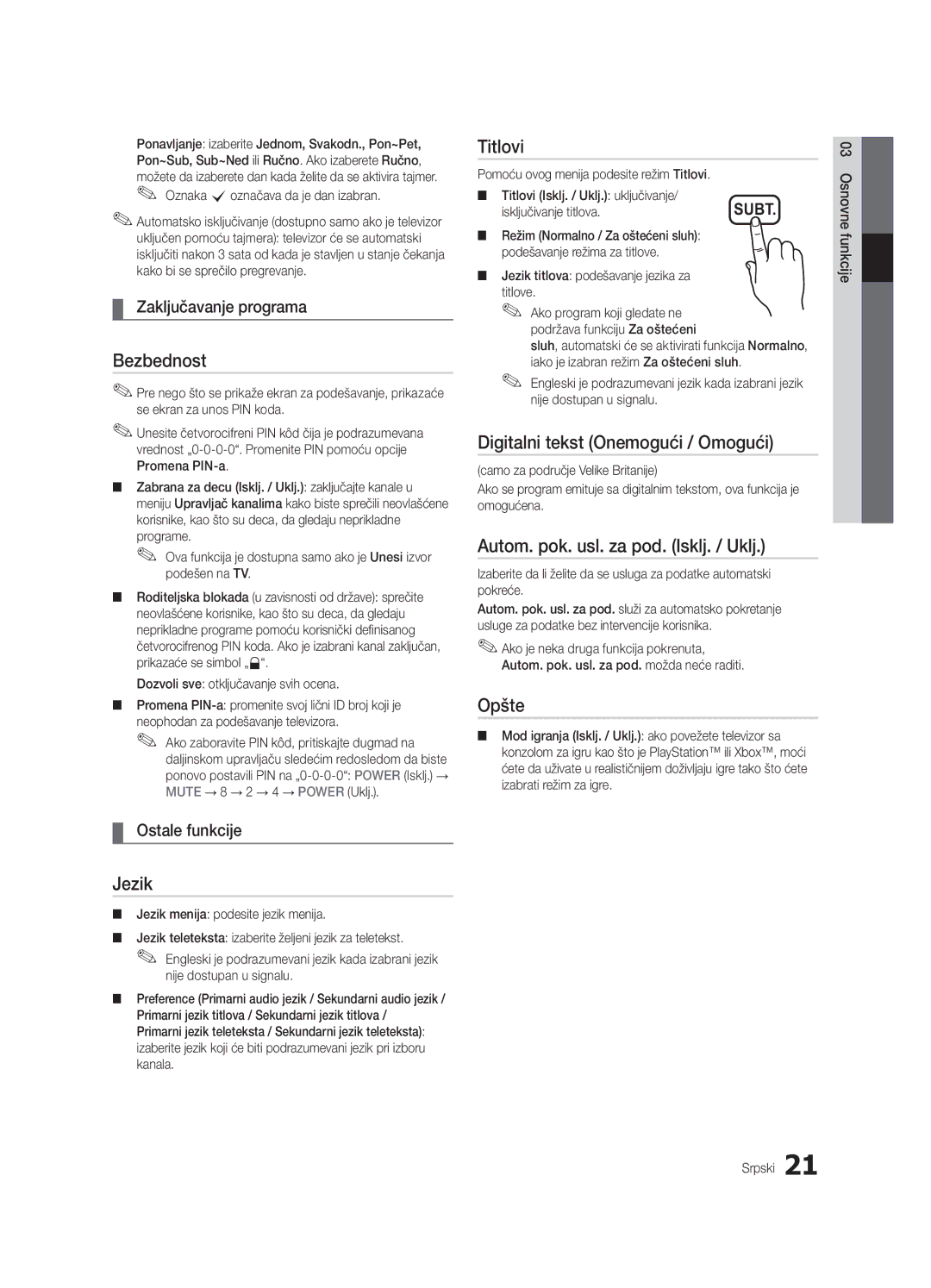 Samsung UE32C4000PWXXN Bezbednost, Titlovi, Digitalni tekst Onemogući / Omogući, Autom. pok. usl. za pod. Isklj. / Uklj 