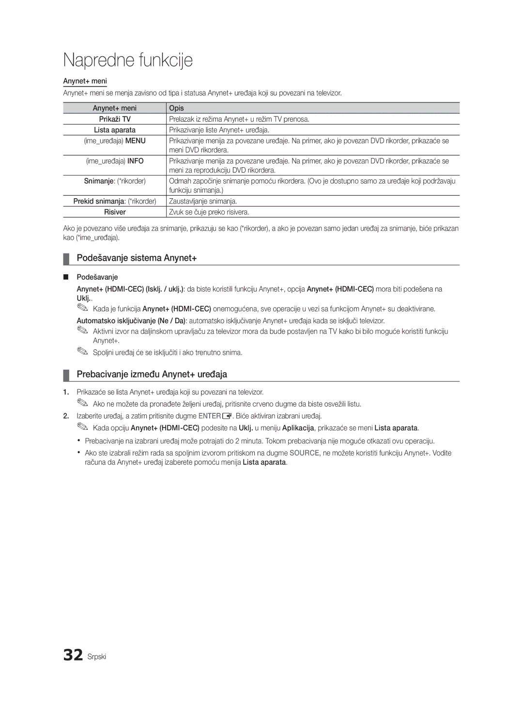 Samsung UE32C4000PWXZF, UE32C4000PWXXH, UE32C4000PWXXN, UE32C4000PWXZG, UE32C4000PWXXC manual Podešavanje sistema Anynet+ 