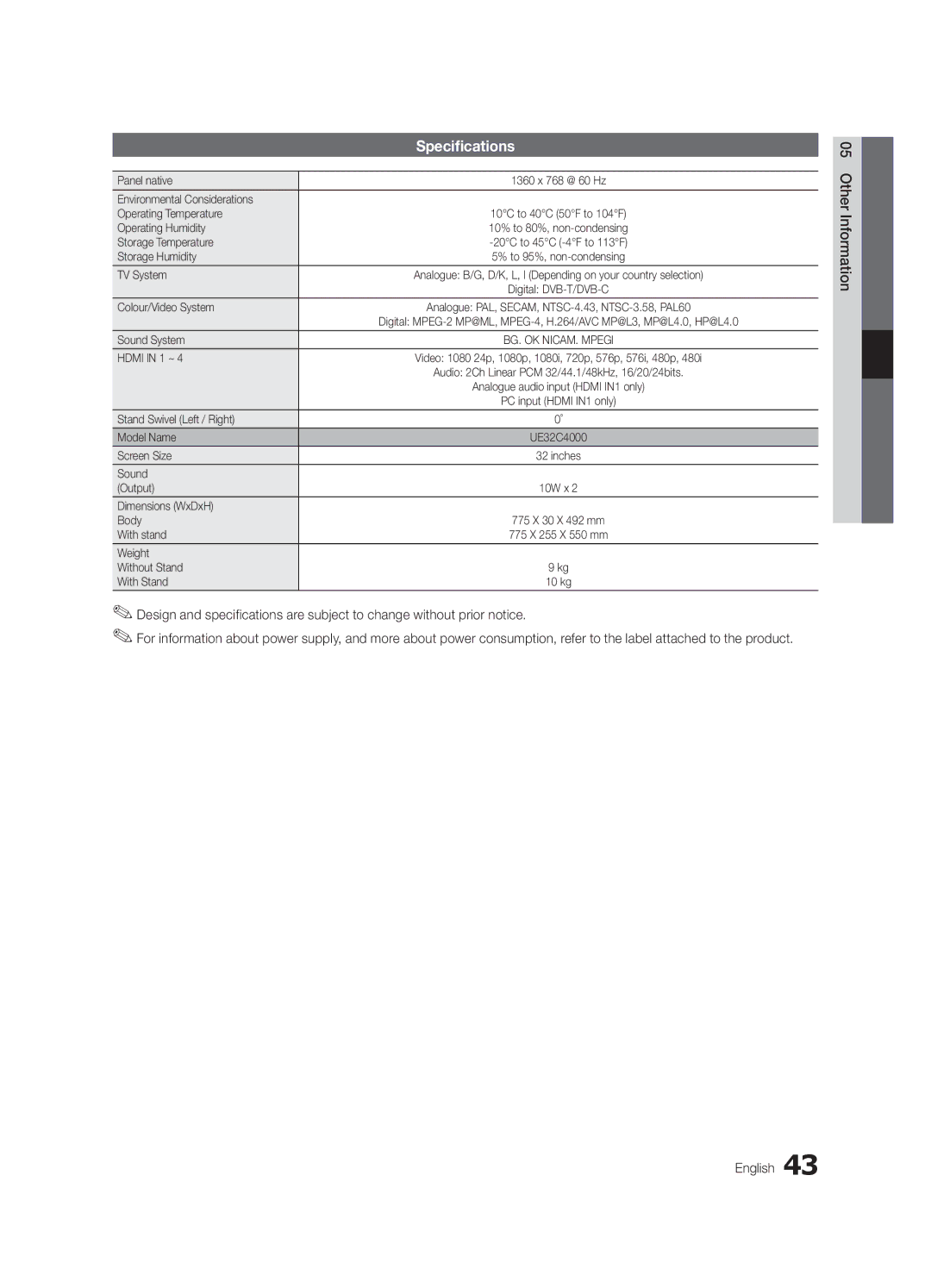 Samsung UE32C4000PWXXC, UE32C4000PWXXH, UE32C4000PWXXN, UE32C4000PWXZG, UE32C4000PWXZF, UE32C4000PWXBT manual Specifications 