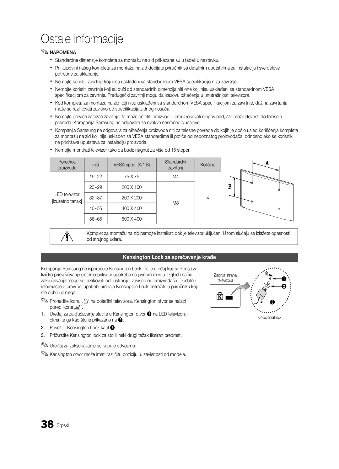 Samsung UE32C4000PWXZG, UE32C4000PWXXH manual Kensington Lock za sprečavanje krađe, Standardni Količina, Opcionalno 