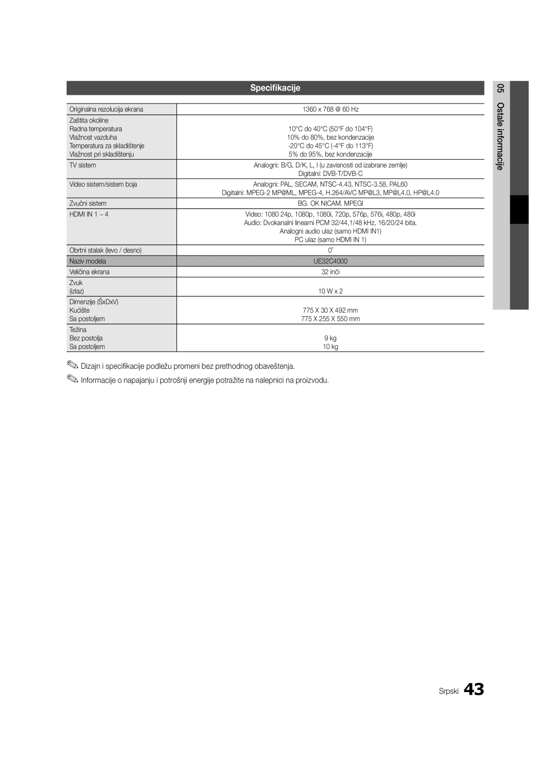 Samsung UE32C4000PWXXU manual Originalna rezolucija ekrana, Zaštita okoline Radna temperatura, Vlažnost vazduha, TV sistem 