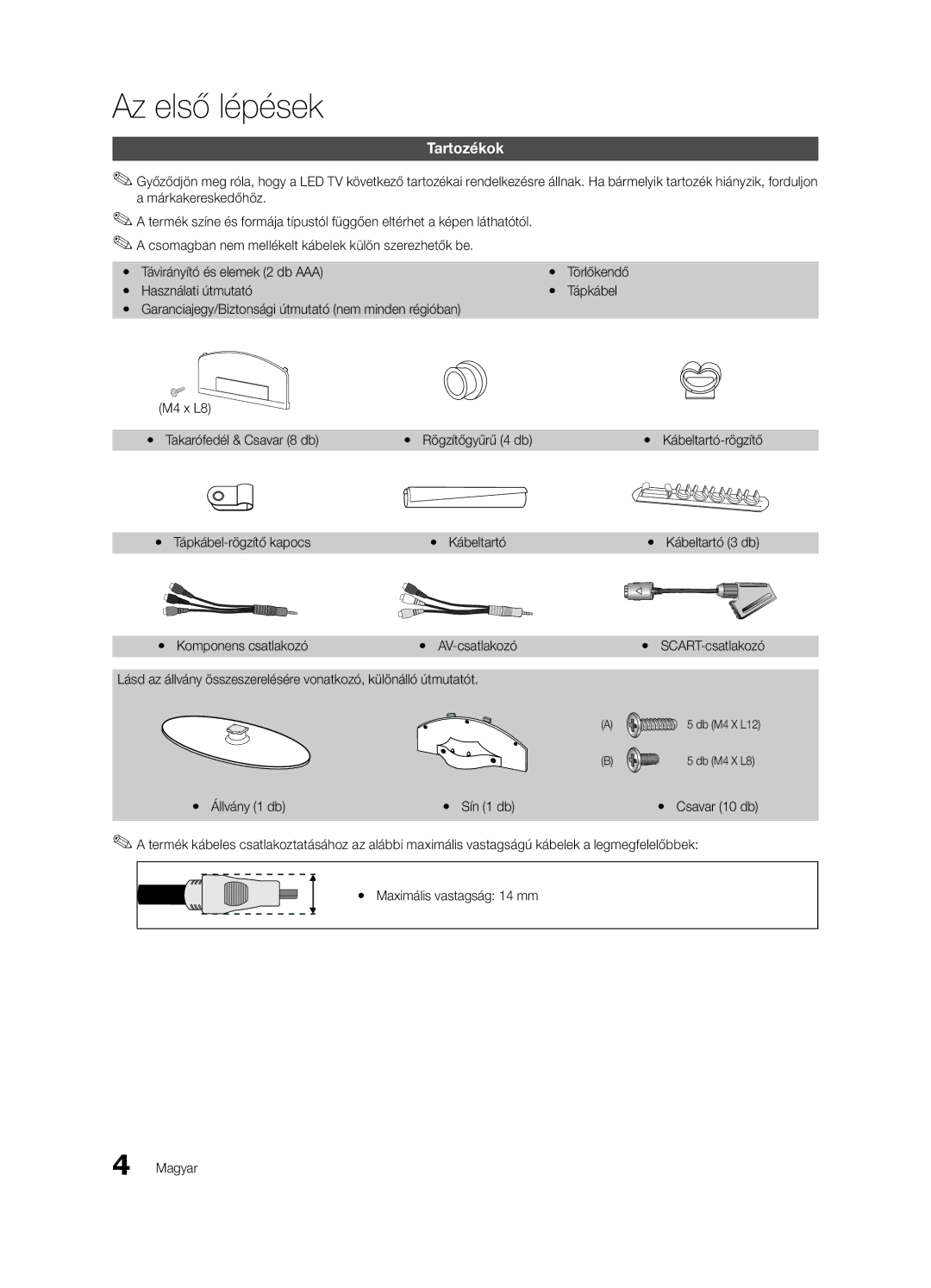 Samsung UE32C4000PWXXH, UE32C4000PWXXN, UE32C4000PWXZG, UE32C4000PWXXC, UE32C4000PWXZF manual Az első lépések, Tartozékok 