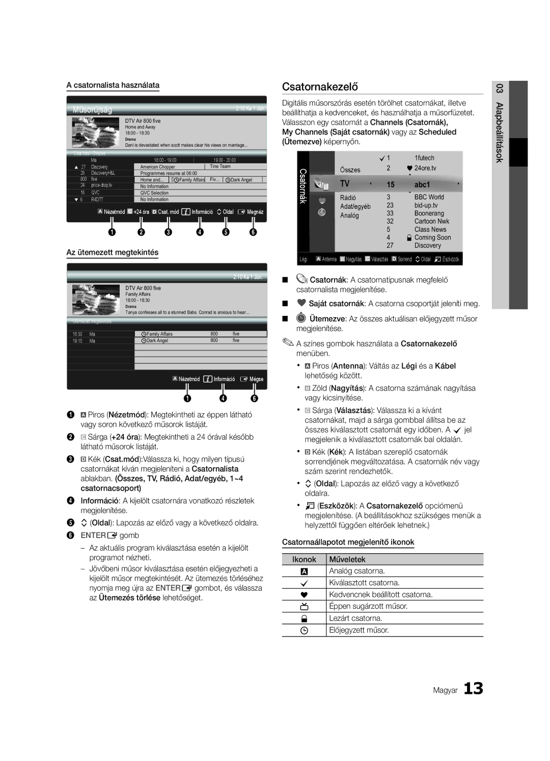 Samsung UE32C4000PWXXN manual Csatornakezelő, Csatornalista használata, Az ütemezett megtekintés, Alapbeállítások Magyar 