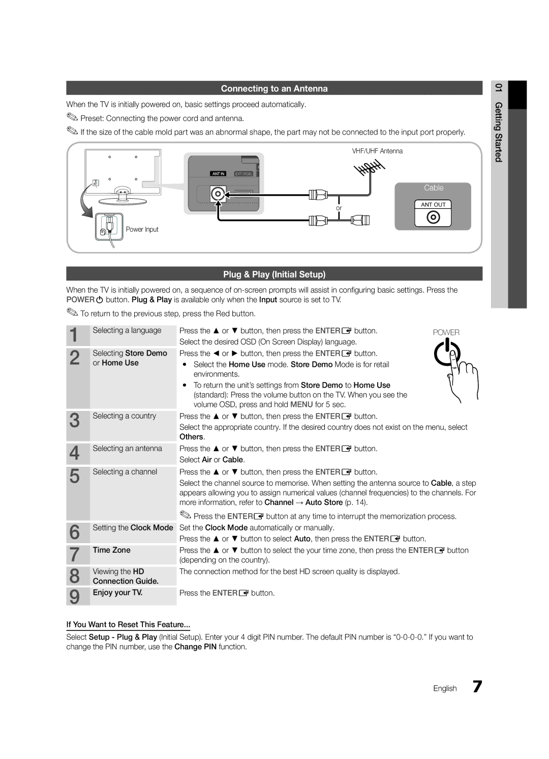 Samsung UE32C4000PWXXU, UE32C4000PWXXH, UE32C4000PWXXN, UE32C4000PWXZG Connecting to an Antenna, Plug & Play Initial Setup 