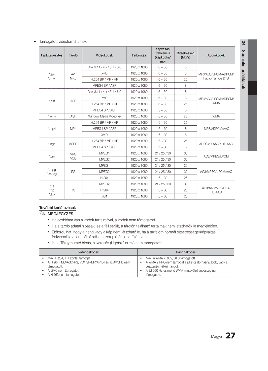 Samsung UE32C4000PWXXU, UE32C4000PWXXH Yy Támogatott videoformátumok, További korlátozások, 04beállításokSpeciális Magyar 