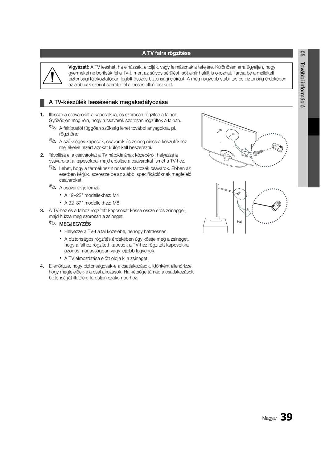 Samsung UE32C4000PWXXC manual TV-készülék leesésének megakadályozása, TV falra rögzítése, 05információTovábbi Magyar 