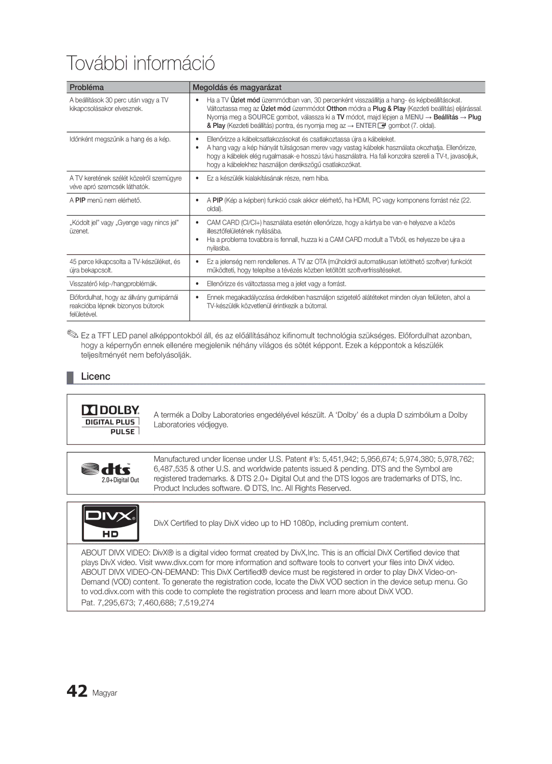 Samsung UE32C4000PWXZT, UE32C4000PWXXH, UE32C4000PWXXN, UE32C4000PWXZG manual Licenc, Pat ,295,673 7,460,688 7,519,274 Magyar 