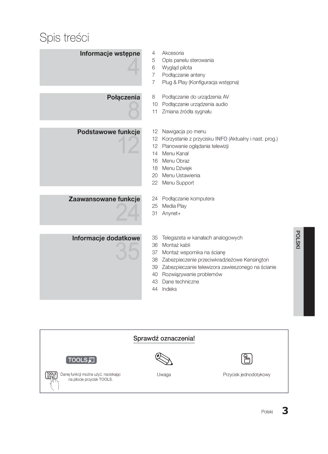 Samsung UE32C4000PWXXC, UE32C4000PWXXH, UE32C4000PWXXN, UE32C4000PWXZG, UE32C4000PWXZF Spis treści, Sprawdź oznaczenia, Uwaga 