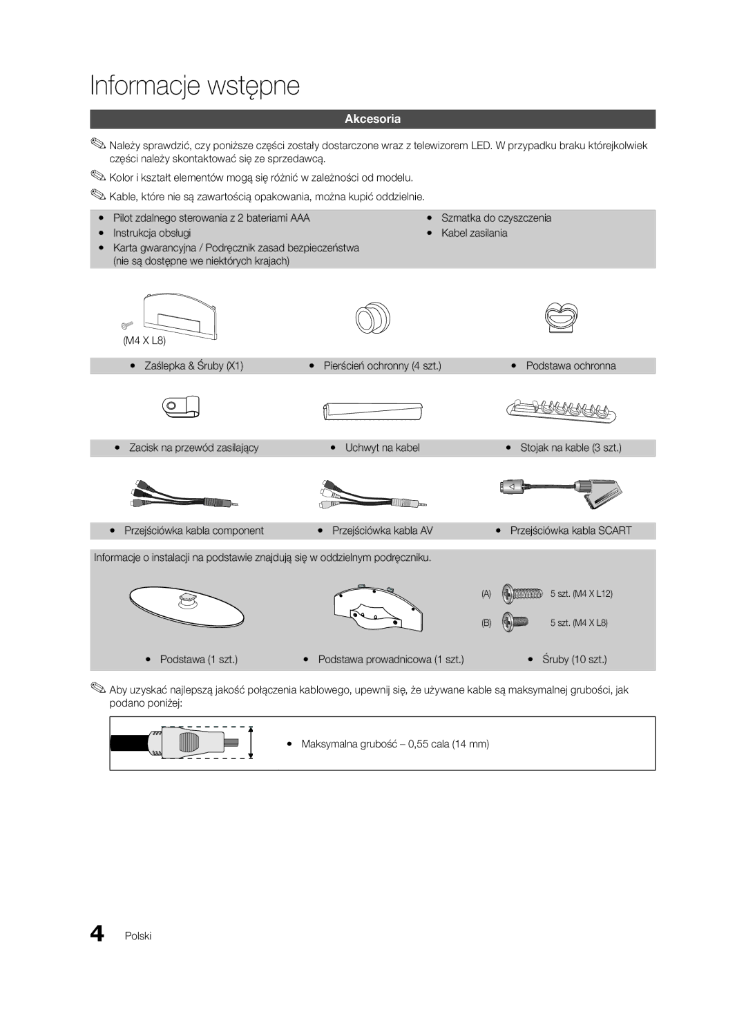 Samsung UE32C4000PWXZF, UE32C4000PWXXH, UE32C4000PWXXN, UE32C4000PWXZG, UE32C4000PWXXC manual Informacje wstępne, Akcesoria 