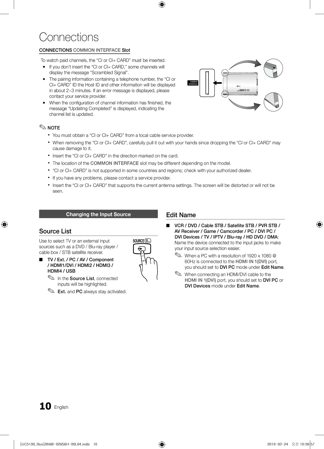 Samsung UE37C5100QWXRU manual Source List, Edit Name, Changing the Input Source, Use to select TV or an external input 