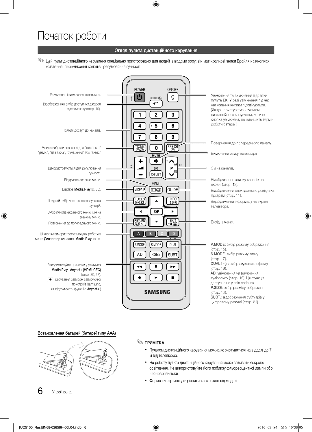 Samsung UE32C5000QWXUA, UE32C5000QWXBT manual Огляд пульта дистанційного керування, Встановлення батарей батареї типу AAA 