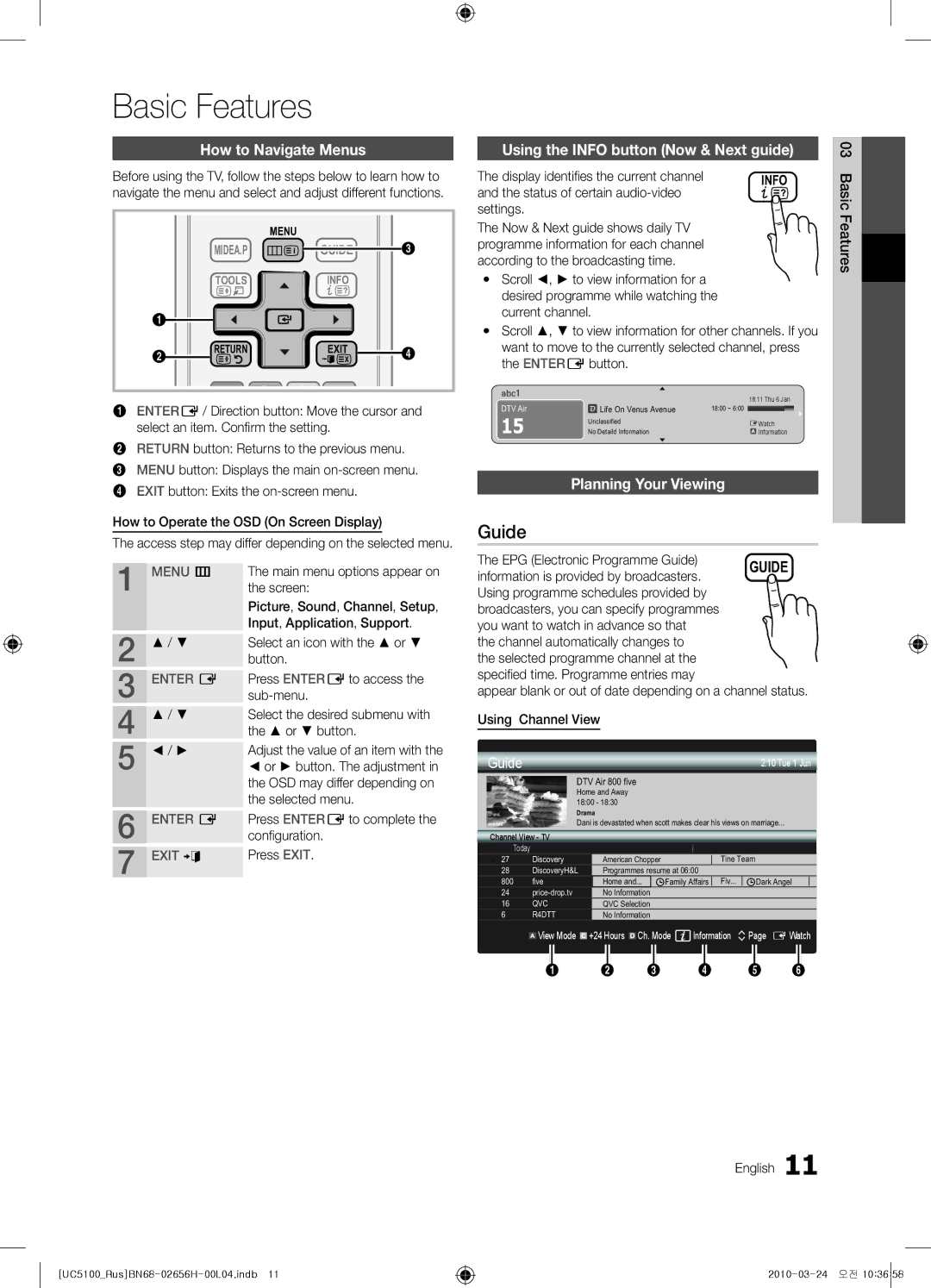 Samsung UE46C5100QWXRU manual Basic Features, Guide, How to Navigate Menus, Using the Info button Now & Next guide 