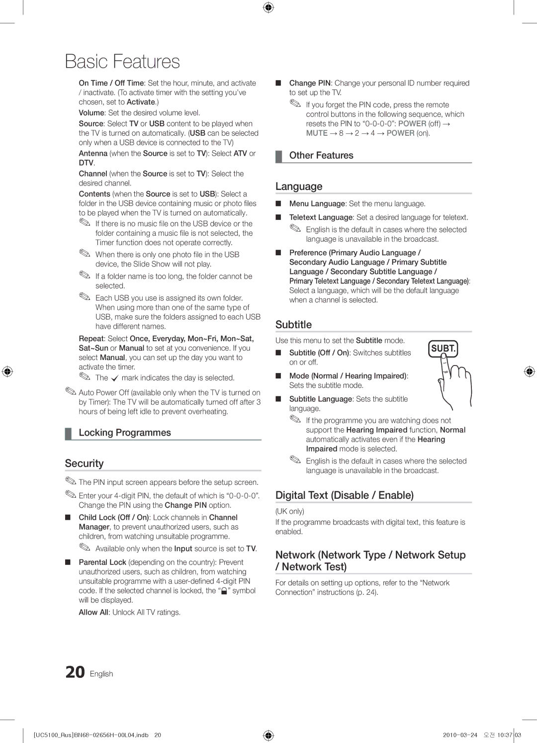 Samsung UE40C5000QWXRU, UE32C5000QWXBT, UE40C5000QWXBT manual Security, Language, Subtitle, Digital Text Disable / Enable 