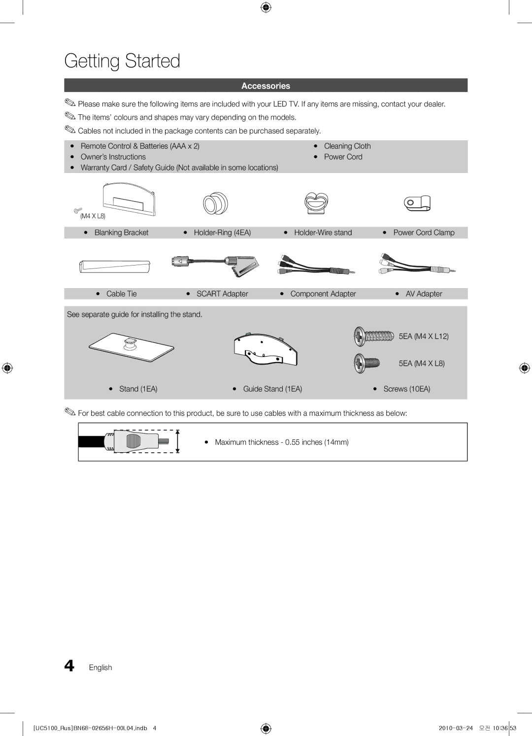 Samsung UE40C6540SWXRU manual Getting Started, Accessories, Yy Blanking Bracket Yy Holder-Ring 4EA Yy Holder-Wire stand 