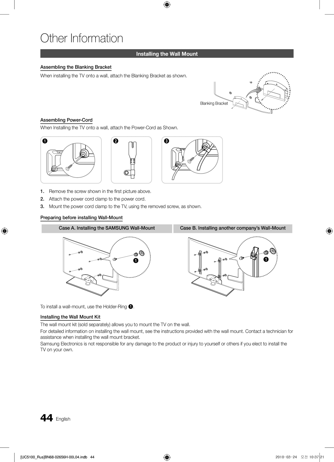 Samsung UE46C5000QWXBT, UE32C5000QWXBT, UE40C5000QWXBT, UE37C5000QWXRU manual Installing the Wall Mount, Blanking Bracket 